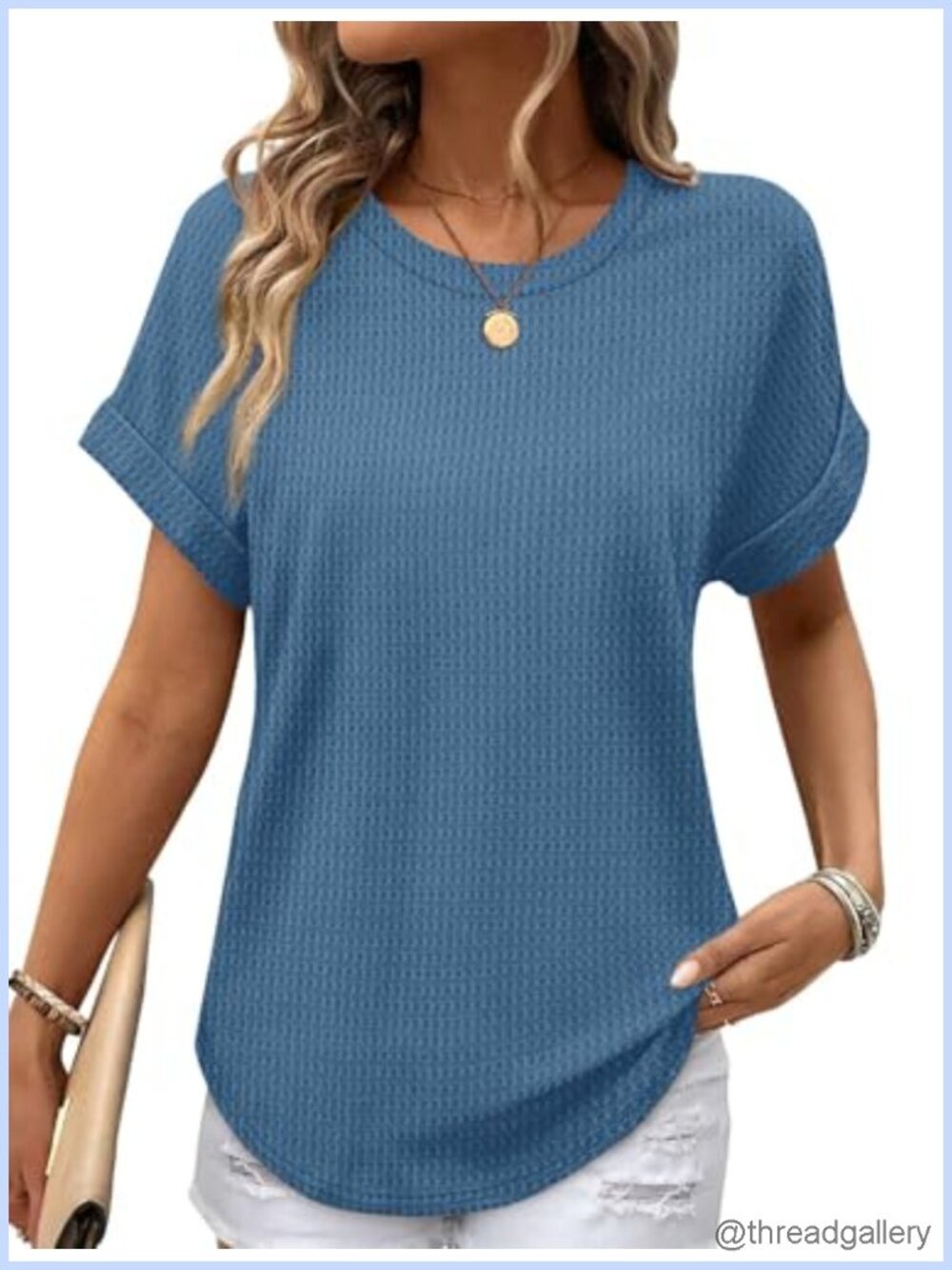 Waffle Knit Short Sleeve T-Shirt Loose Fit Curved Hem Crew Neck Top